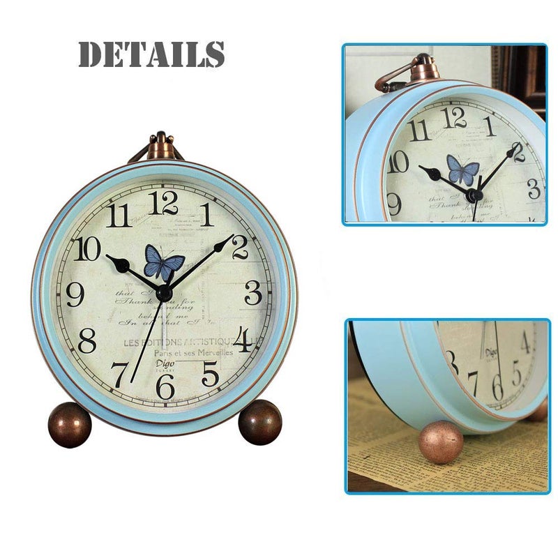 JUSTUP Table Clock, Vintage Non-Ticking Table Desk Alarm Clock Battery Operated with Quartz Movement HD Glass for Bedroom Living Room Office Desk(Butterfly) - Image 4